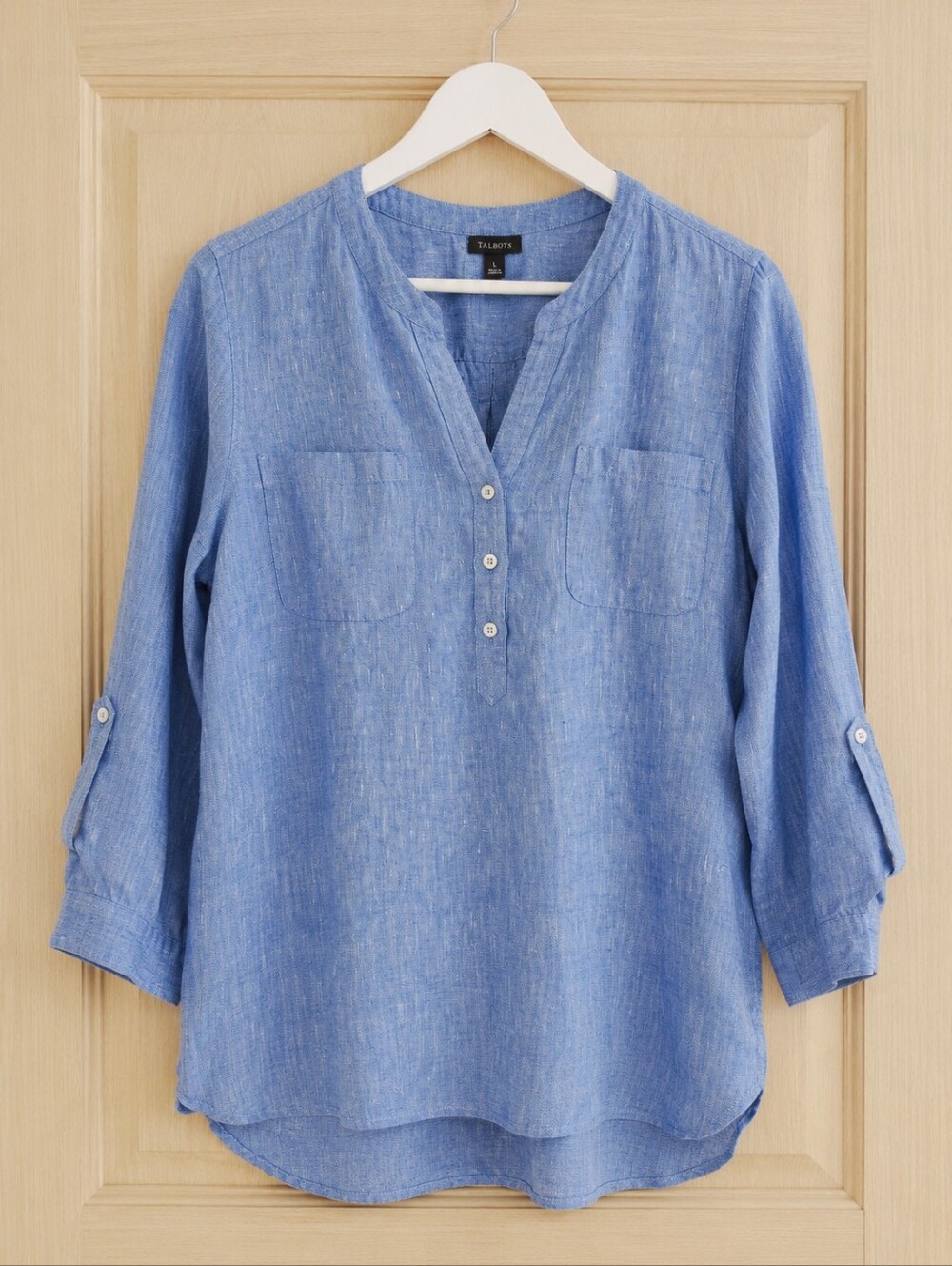 Talbots 100% Linen Blue Popover Tunic Top Large Roll Tab Sleeve Chambray Shirt - Picture 2 of 5